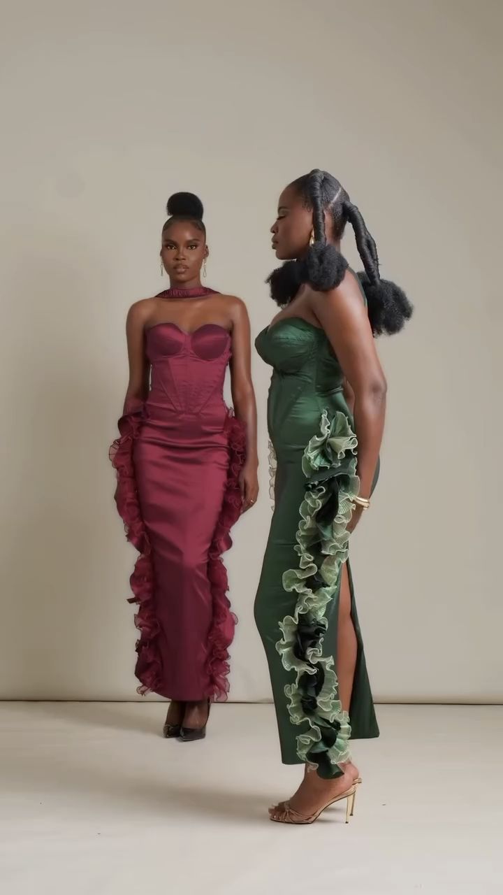 Flounce Flex dresses in burgundy and emerald green